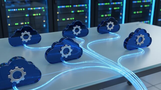 Cloud computing visualization with connected gear clouds and servers, minimalist composition highlighting data networking and digital infrastructure.