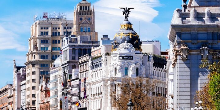 Perspective of Calle Alcala from Plaza de Cibeles. Madrid, Comunidad de Madrid, Spain, Europe