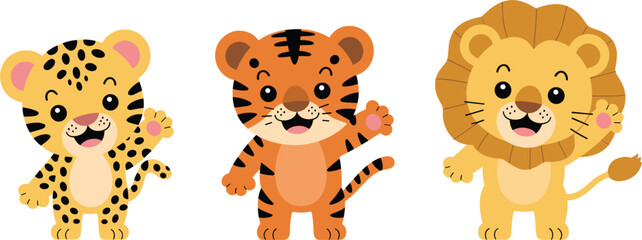 Cute cartoon baby wild cats vector set, happy waving tiger lion and leopard characters collection © MdNurjamal