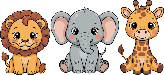 Cute cartoon baby safari animals vector set, funny lion elephant and giraffe wild characters collection © MdNurjamal