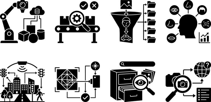 Computer Vision and AI Image Analysis Silhouette Icon Collection Featuring Object Recognition Visual Search Classification and Pattern Detection