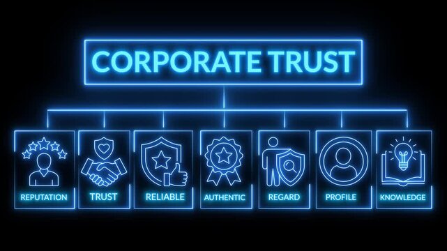 Corporate trust icons display professional reputation and reliable business values here. neon icon animated on transparent..