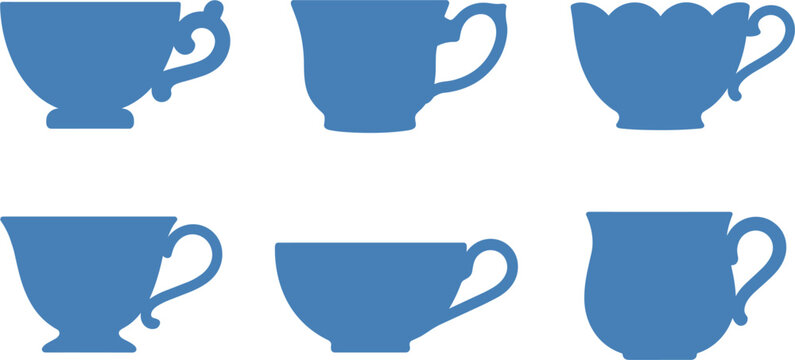 Vintage teacup blue silhouettes vector set, elegant classic pottery teacups shapes collection for design illustration