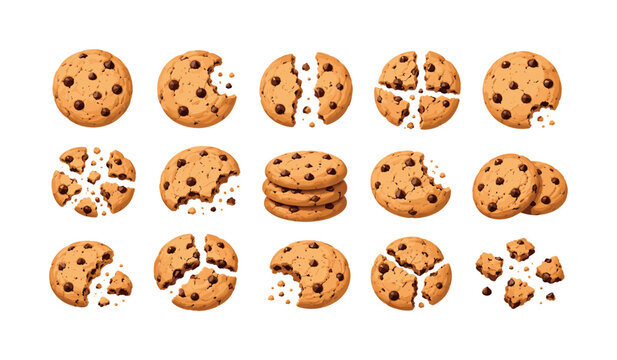 Broken cookie and chocolate chip biscuit collection with crumb pieces, cookies, biscuits, chocolatechips, crumbs, dessert, brown,