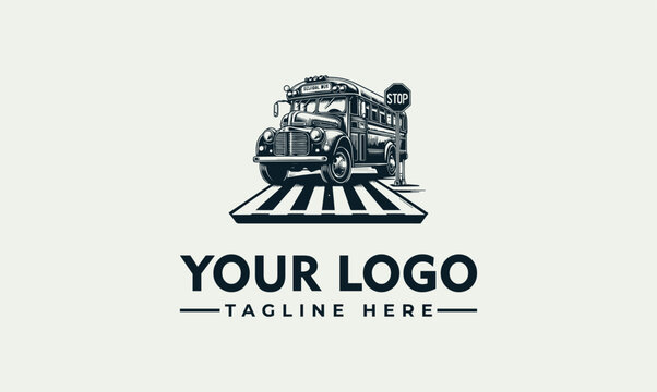Vintage school bus on crosswalk road vector logo illustration for transportation services