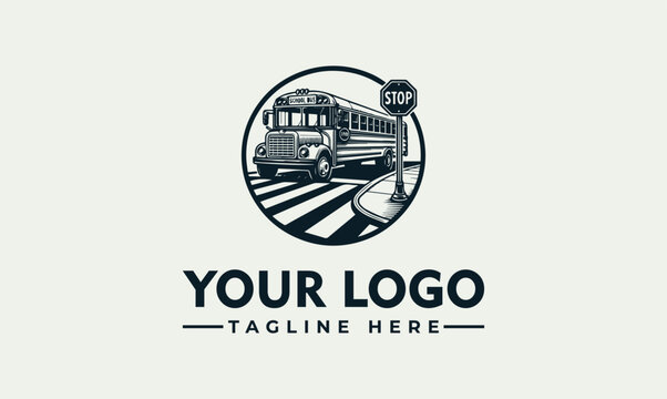 School bus and stop sign vector logo illustration for student transport