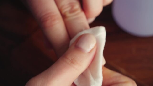 Close-up of hands removing nail polish with a cotton pad and nail polish remover. Beauty routine, manicure care, personal grooming, and self-care concept at home. High quality 4k footage