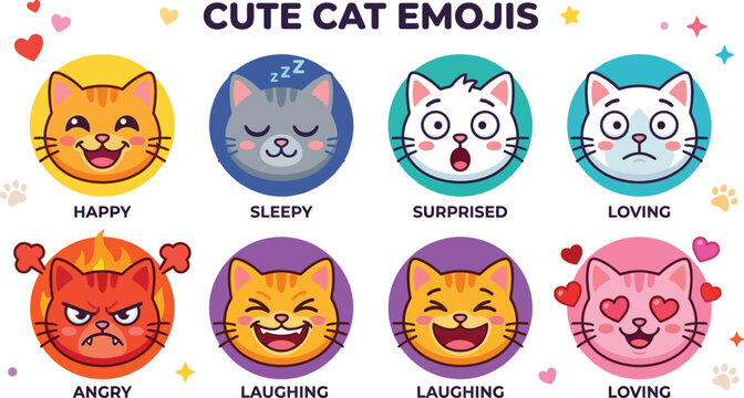 Cartoon Cat Face Emoticons Colorful Vector Illustration Silhouette