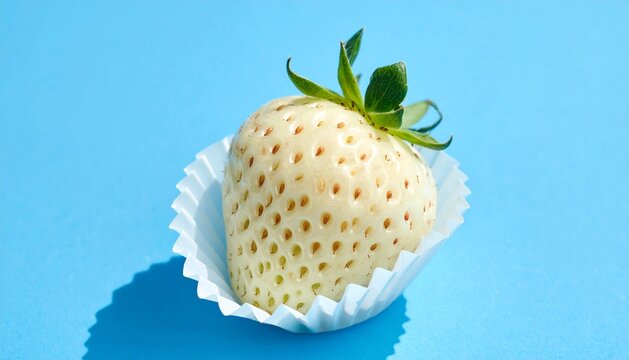 Fresh White Pineberry Strawberry in Paper Liner on Blue Background