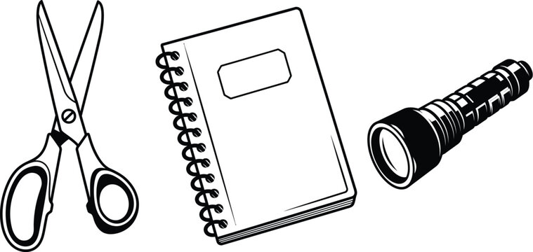 A black and white line art illustration featuring a pair of scissors, a spiral notebook, and a hand flashlight.
