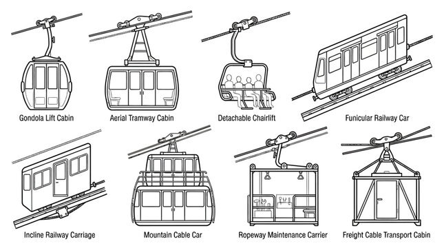 An illustration depicts various types of cable cars and aerial transportation vehicles including gondola, aerial tramway, detachable chairlifts, funicular railway cars, and more in a graphic style.