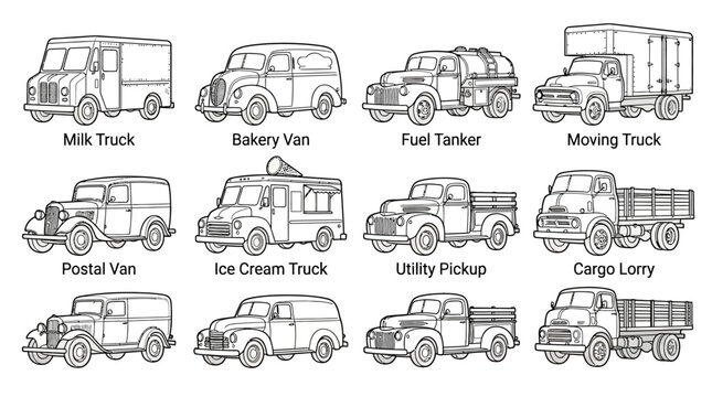 Various types of trucks and vans for different uses are shown in an outline drawing.