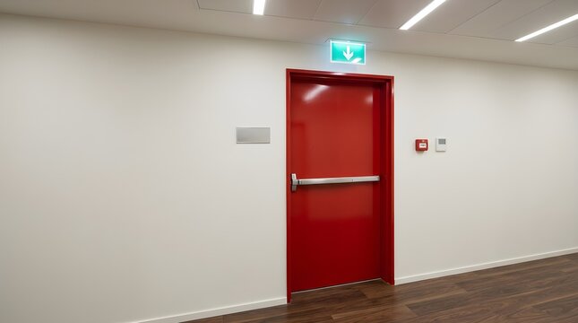 Bright red emergency exit door with a silver push bar handle installed in a clean white office hallway with modern lighting and a wooden floor
