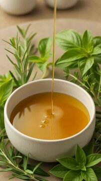 Extra virgin olive oil pouring into a ceramic bowl surrounded by fresh green herbs like basil, rosemary and thyme, representing healthy mediterranean cooking and diet