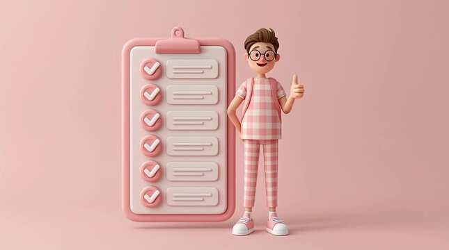 Character standing beside a giant floating checklist, marking items one by one and presenting progress, seamless loop animation illustrating productivity, organization, and task management.
