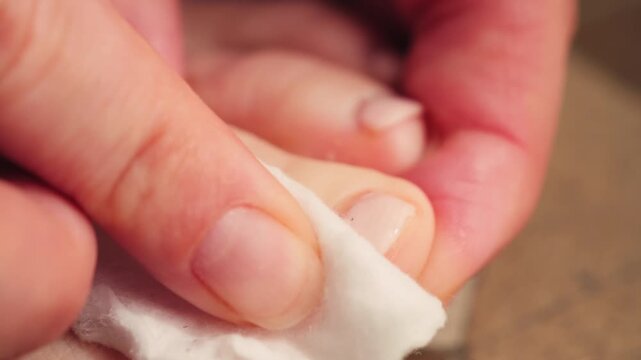 Close-up of feet removing nail polish from toenails with a cotton pad and nail polish remover. Pedicure care, personal grooming, beauty routine, and self-care concept at home. High quality 4k footage