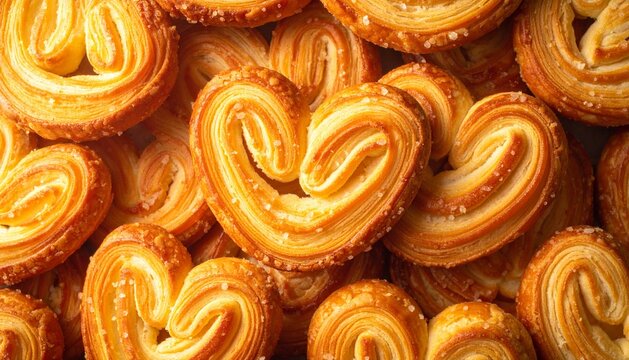 Golden Heart-Shaped Palmiers, Crispy French Puff Pastry Cookies with Sugar