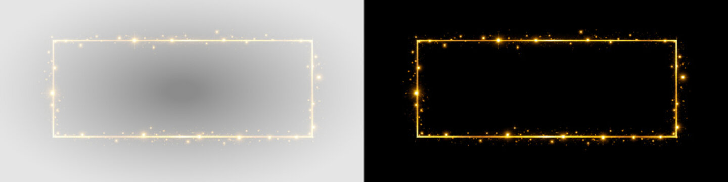 Golden sparkle rectangle frame PNG transparent overlay with luminous decorative border, on transparent background