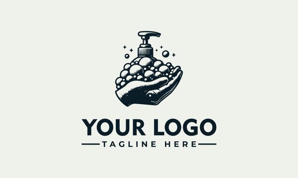 Hand hygiene soap bubbles and dispenser vector logo illustration