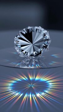 Rotating diamond refracting light and creating colorful caustics, a symbol of luxury, purity, and wealth, on a reflective blue surface with beautiful rainbow dispersion