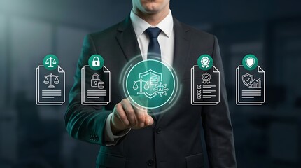 Obraz premium Businessman touches a glowing digital interface displaying artificial intelligence legal compliance icons to manage corporate data security and regulatory frameworks.