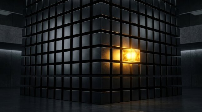 Black cube grid with a single glowing gold block for a standout leadership concept. Success and strategy symbol for corporate