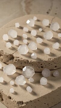Sparkling white sea salt crystals macro view. Coarse rock salt granules shining under a light source on a natural beige stone podium. Healthy food condiment and seasoning product