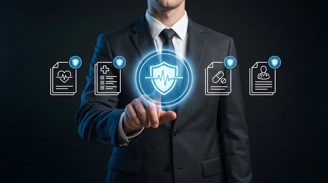 Businessman interacts with a futuristic digital interface showing health insurance icons and medical protection symbols to highlight secure coverage plans for corporate clients.