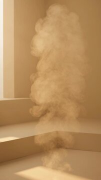 Abstract smoke rising in a minimalist interior corner with geometric shapes and soft sunlight, creating a mysterious and serene atmosphere in a conceptual art installation