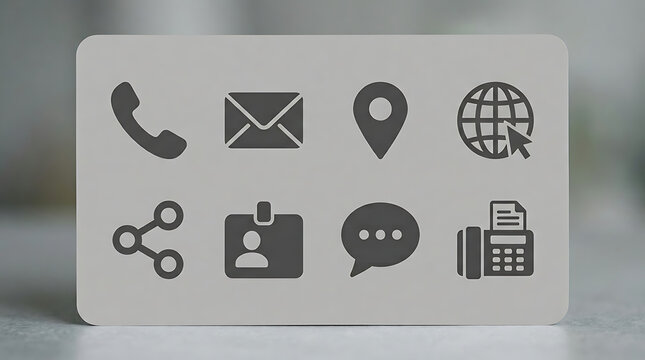 Business card details display a collection of contact icons such as phone, email, map pin, web, share, profile, chat, and fax machine on a textured neutral surface.
