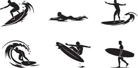 Obraz premium Surfing Silhouette, vector set of surfer. silhouette Vector illustration