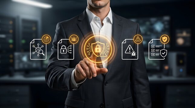 Businessman uses his finger to touch a glowing holographic shield icon representing advanced cybersecurity measures to protect sensitive corporate data from potential digital threats.