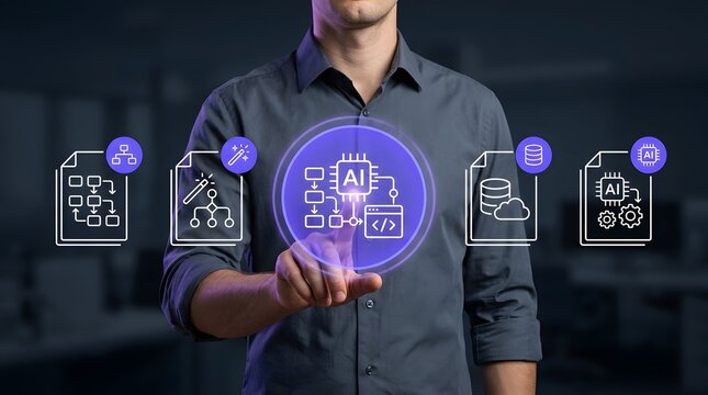 Businessman touches a glowing purple artificial intelligence interface representing complex software development workflows and data management processes.