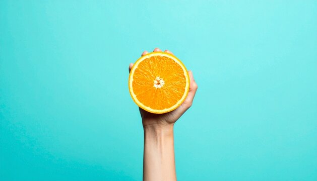Hand Holding Half an Orange Slice on Cyan Background Minimalist Concept