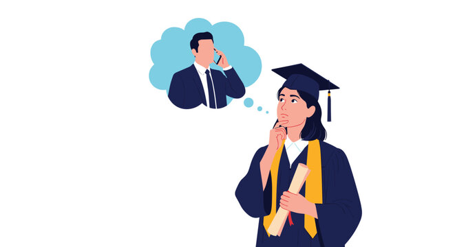 Female graduate in cap and gown holding a diploma, contemplating her future career, with a man on the phone in a thought bubble.