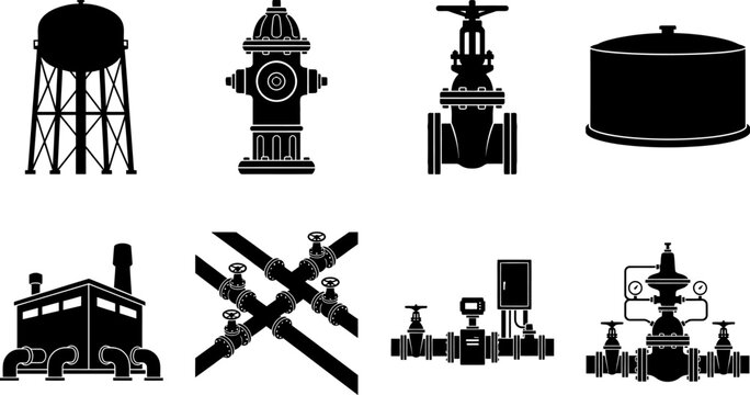 Industrial Water Infrastructure Silhouette Icon Collection Featuring Water Tower, Fire Hydrant, Pipeline Valve, Storage Tank, Pump Station, and Utility Components
