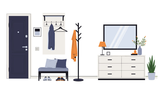 Modern and organized entryway or hallway interior with a console table, mirror, coat rack, and storage bench, creating a welcoming atmosphere.