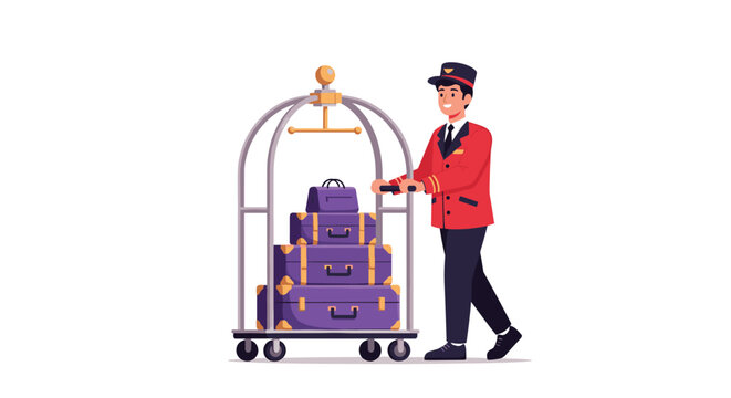 Smiling hotel bellhop in uniform, pushing a luggage cart filled with suitcases, providing excellent guest service.