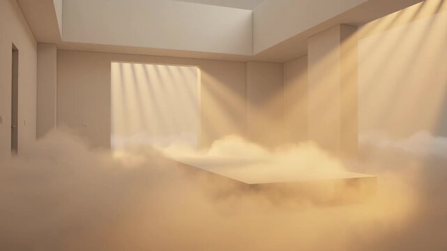 Ethereal sunlight shining through a window, illuminating a surreal, modern room filled with dense, flowing mist and casting dramatic god rays and volumetric light
