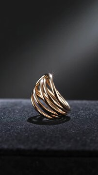 Shiny golden ring with a contemporary wave design rotating on a dark, textured surface under a bright spotlight, showcasing its intricate and modern craftsmanship