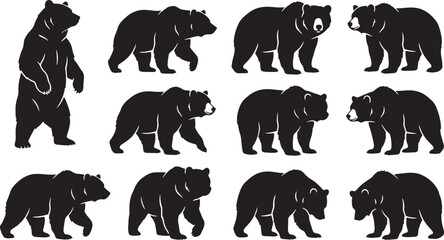 Obraz premium Black bear silhouettes, walking bears, animal icons, wildlife graphics, vector illustrations isolated on Transparent Background