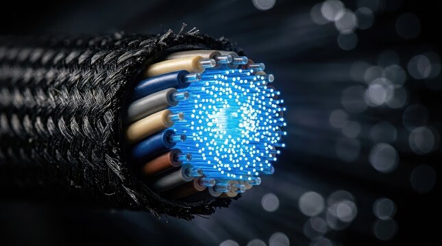 Fiber optic cable cross section with illuminated data transmission