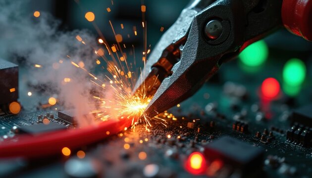 Pliers cut red wire on circuit board sparking with smoke and light. Electric sparks fly from tool cutting cable. Tech repair sparks on pc chip.