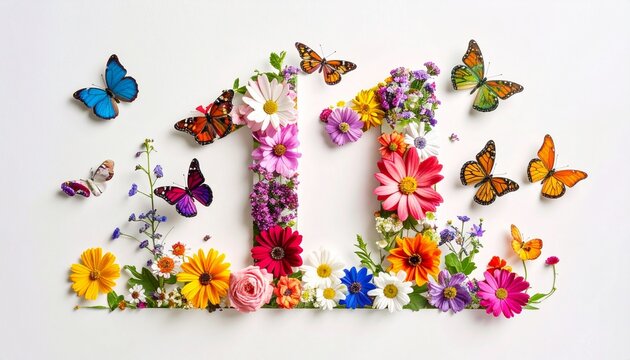 Number &ldquo;11&rdquo; made of colorful flowers and butterflies on a light background, symbolizing growth, beauty, and joyful transformation.