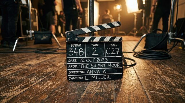 Film production clapperboard on wooden floor with studio equipment