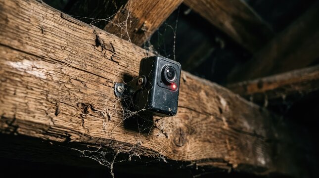 Hidden security camera mounted on old wooden beam surveillance concept