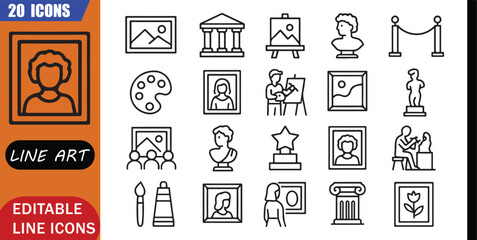 Isolated fine art icons set, 20 editable line art icons set, fine art, gallery museum painting, sculpture artist culture, exhibition theme, clean outline vector sign © MD.Kawsar Hossan