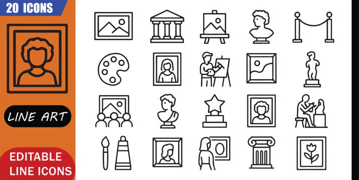 Isolated fine art icons set, 20 editable line art icons set, fine art, gallery museum painting, sculpture artist culture, exhibition theme, clean outline vector sign