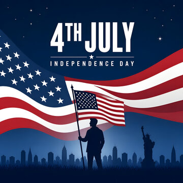 Happy 4th of July Independence Day Patriotic Poster with American Flag Silhouette and Statue of Liberty