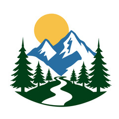 Fototapeta premium Mountains stand majestically beneath a bright sun with pine trees lining the path towards the snowy peaks to create a peaceful wilderness scene.